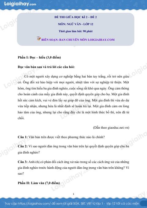 Đề kiểm tra giữa học kì 2 Ngữ văn 12 - Đề số 2 có lời giải chi tiết